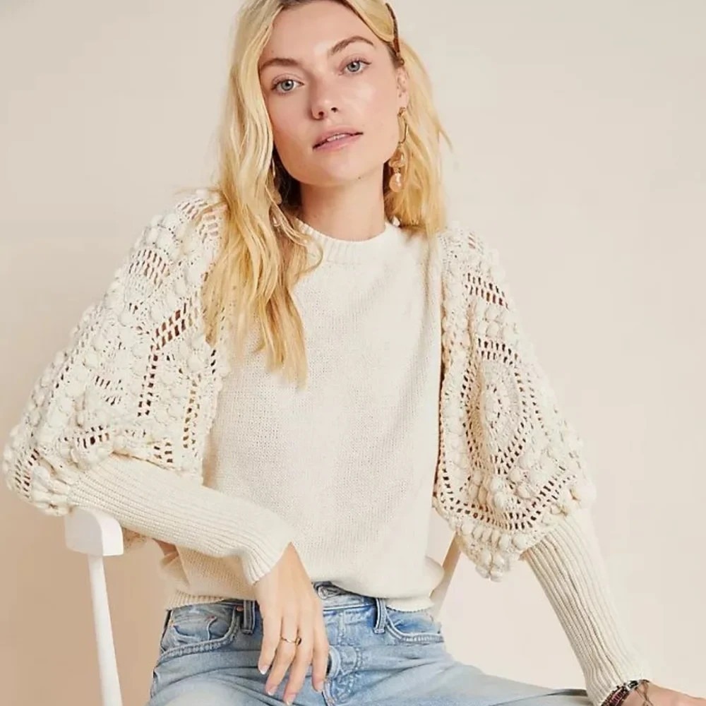 Stella Pardo Paris Fiorella Crochet Balloon Sleeve Cream Knit Sweater XS
